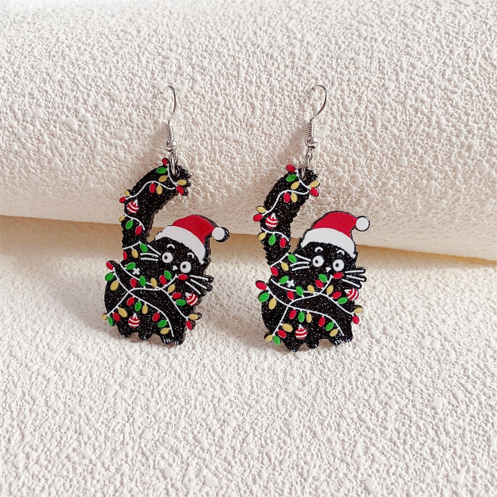 Wholesale Christmas New Acrylic Glitter Cartoon Black Cat Santa Claus Red Hat Earrings ACC-ES-Hongw001