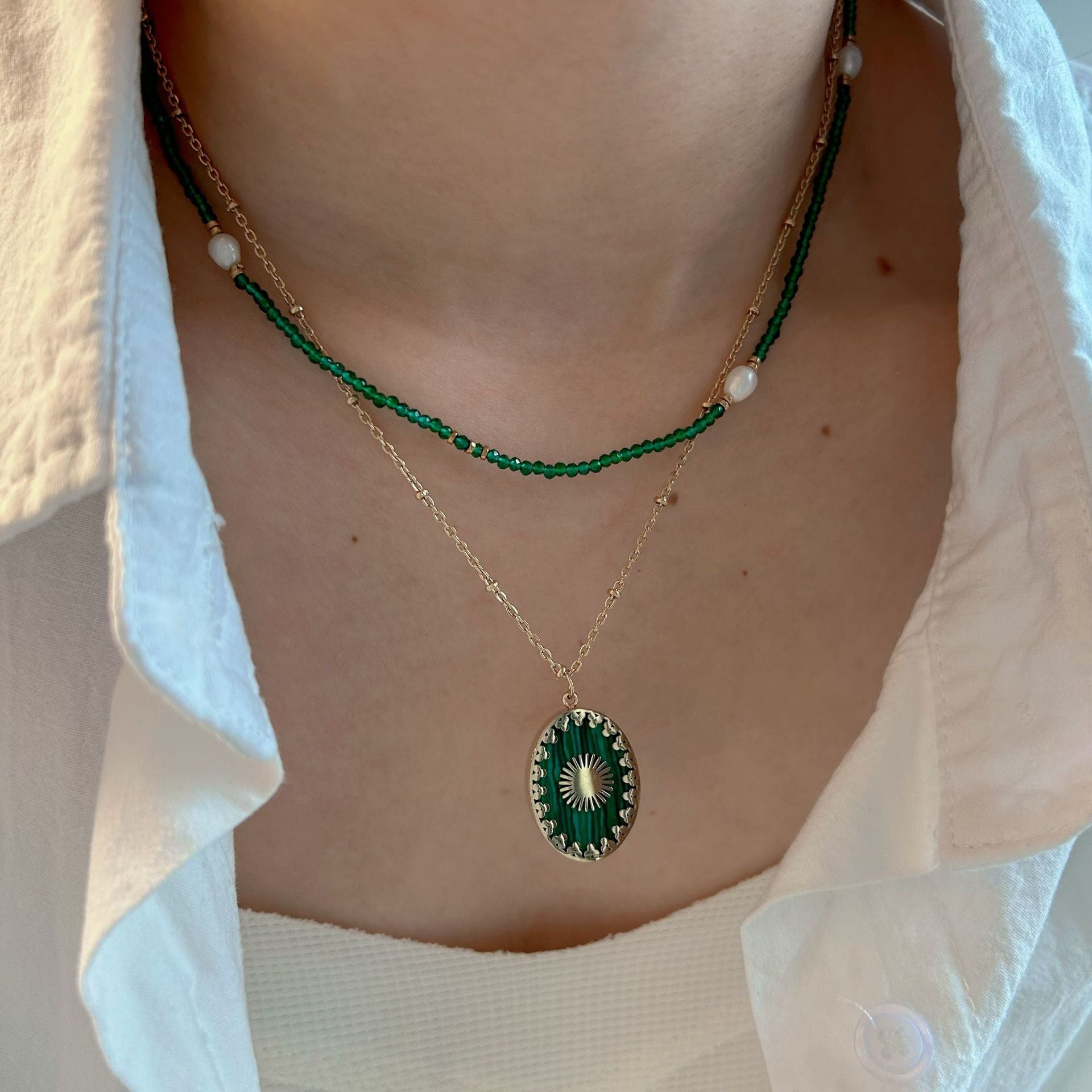 Wholesale Titanium Steel Green Agate Pearl Original Design Necklace