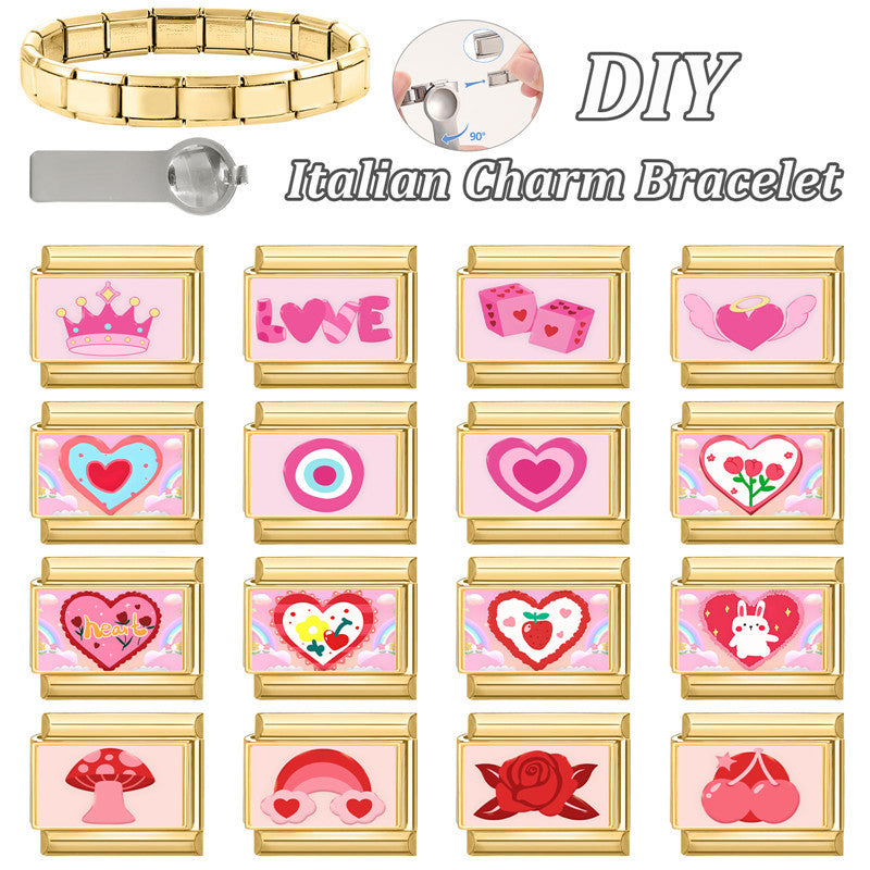 Wholesale Italian Charm Bracelet 9mm DIY Splicing Rose Pink Series Stainless Steel Composable Bracelet