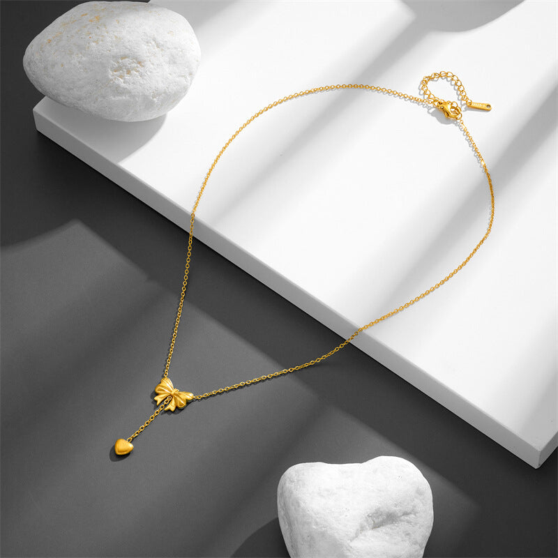 Wholesale Titanium Steel Tassel Love Bow Necklace