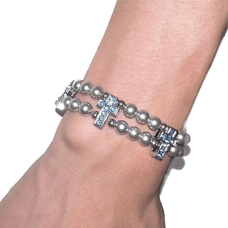 Wholesale European American Punk Rock Cross Necklace with Imitation Pearl and Skull Rivet,  Jewelry Accessory for Gift Boutique Resale