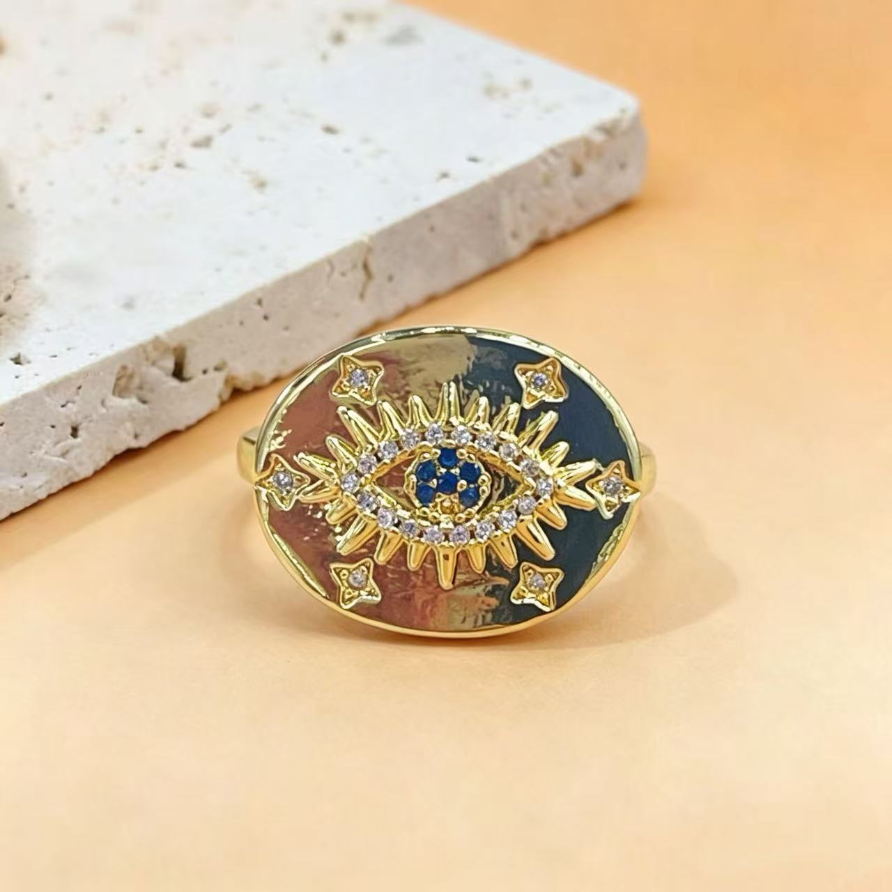 Wholesale Retro Enamel Eye Ring Sunburst Design Adjustable Gold Plated Tri-Color Fashion Accessory