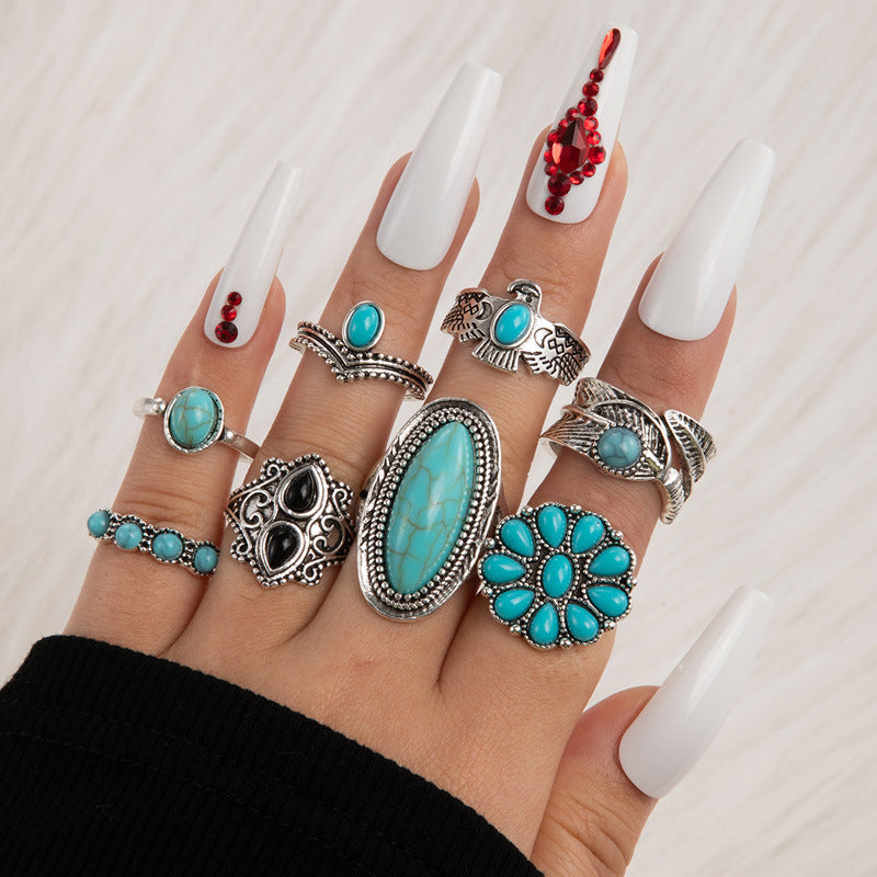 Wholesale Retro Ethnic Style Turquoise Carved Feather Ring Vintage ACC-RS-YongGe005