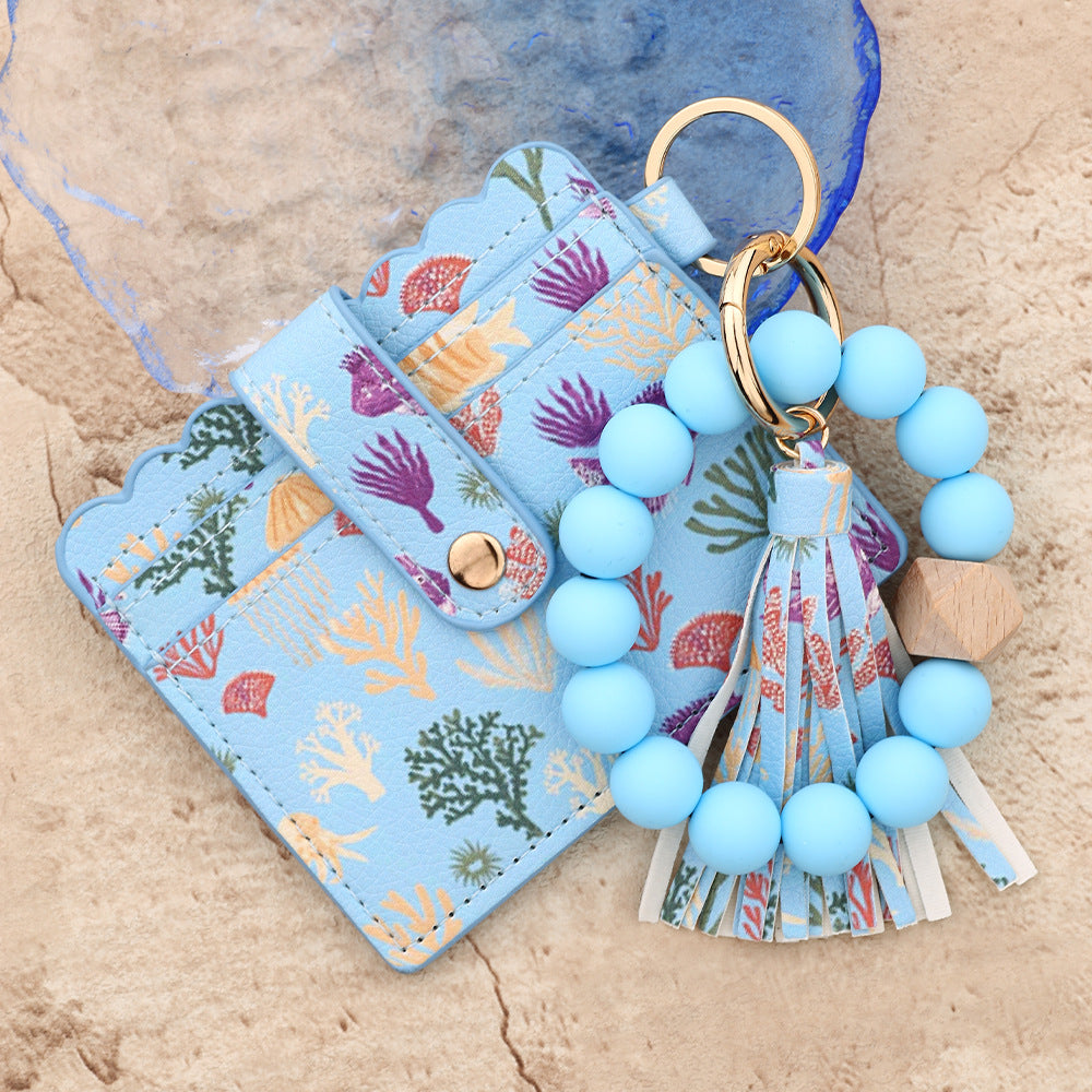 Wholesale  bead  ocean print mushroom leather Wristlet Keychain