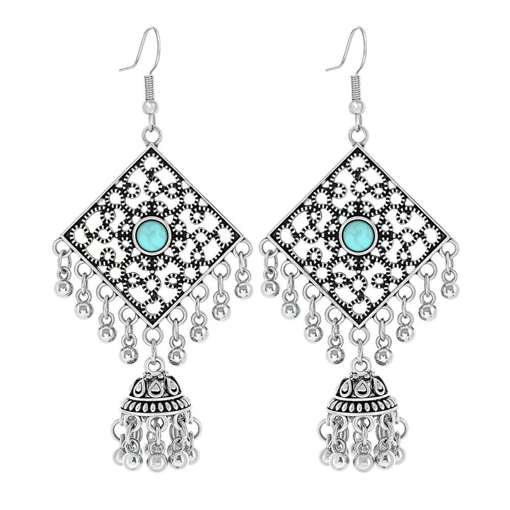Wholesale Turquoise Tassel Earrings Geometric Alloy Design for Party Wear Boutique Resale Jewelry Accessory