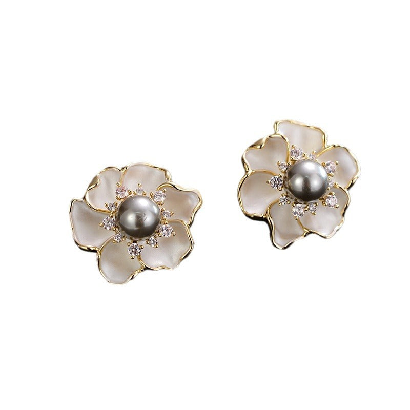 Wholesale  gray pearl camellia earrings drop oil flower earrings