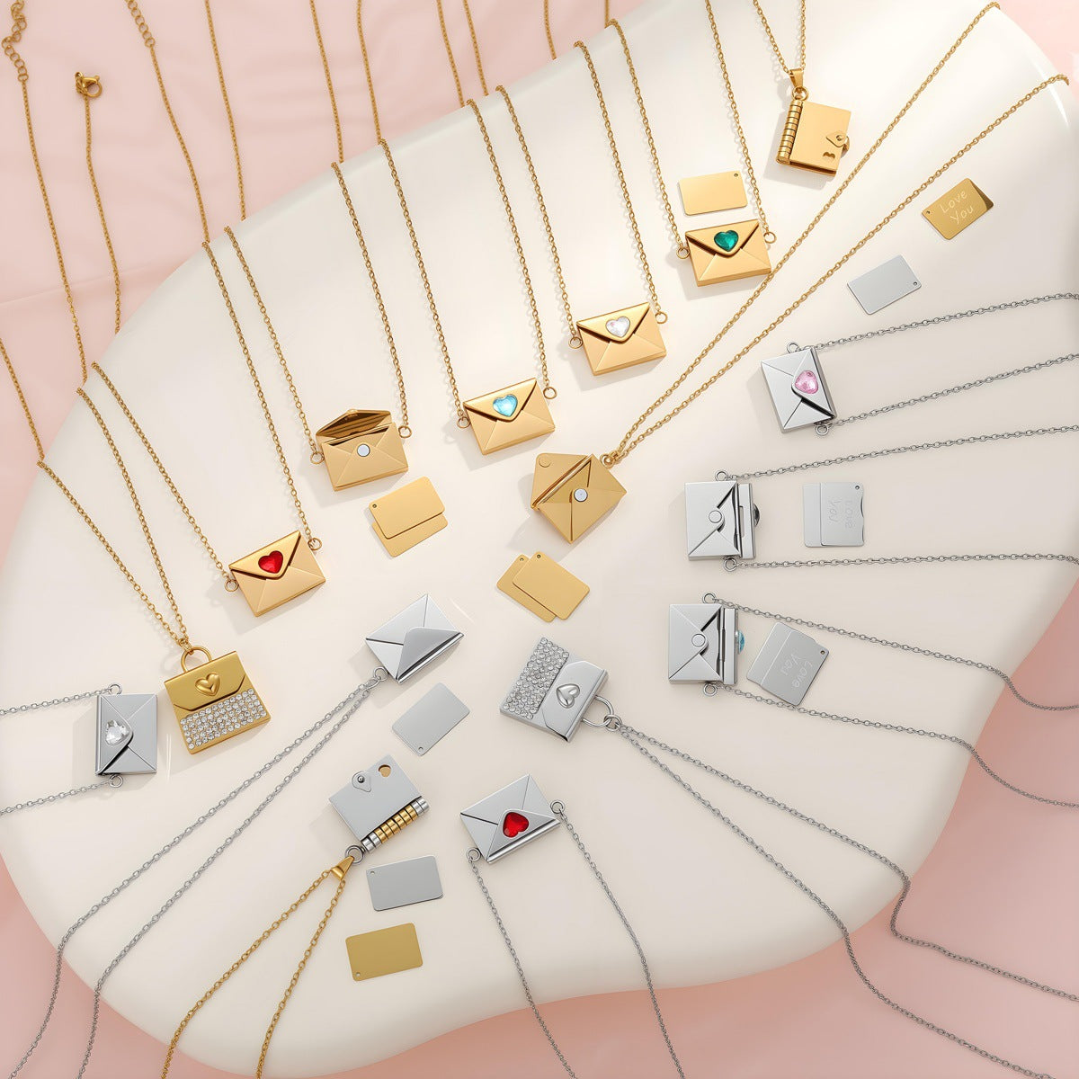 Wholesale Stainless steel 18K gold plated envelope heart-shaped diamond necklace