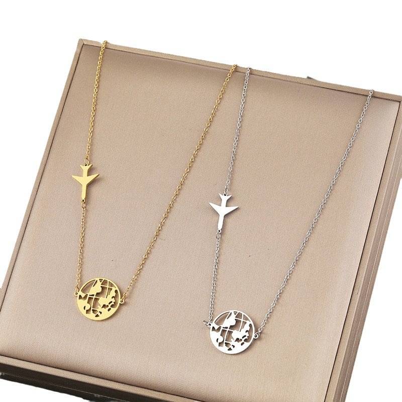 Wholesale Stainless Steel  Airplane and World Map Pendant Necklace