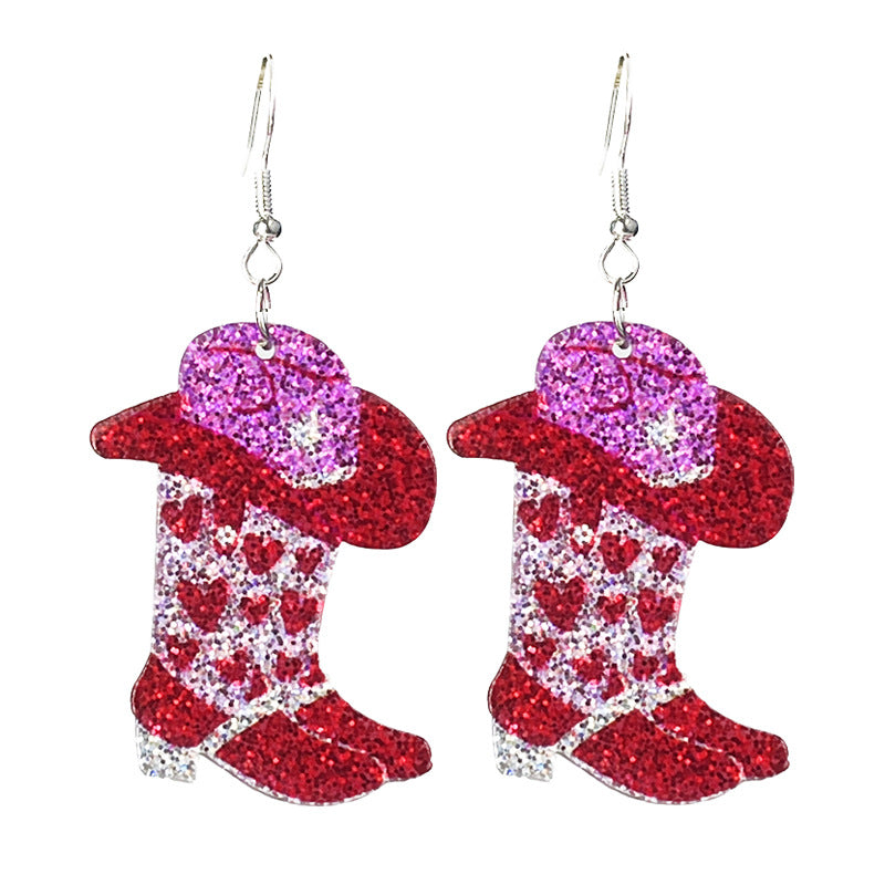 Wholesale 2Pairs/pack Valentine's Day Shiny Heart Love Words Cowboy Boots Acrylic Earrings ACC-ES-HY201