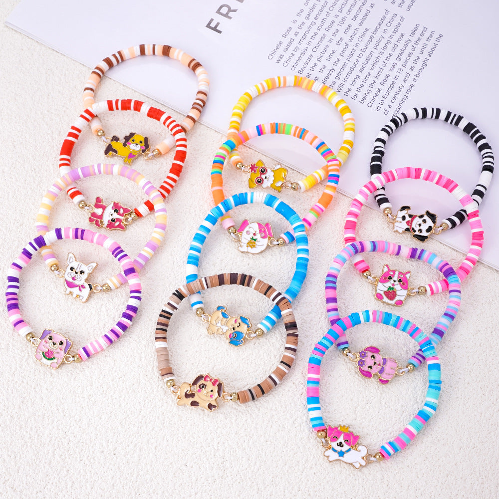Wholesale Colorful polymer clay beaded cartoon animal pattern bracelet hand-woven adjustable size children' s jewelry