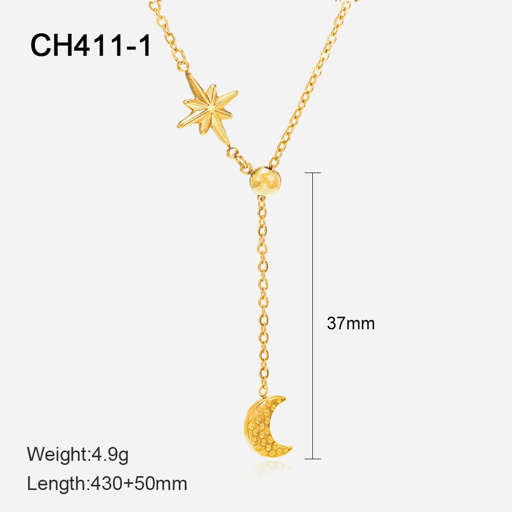 Wholesale  14K Gold Plated Fashion Star Moon Titanium Steel Necklace