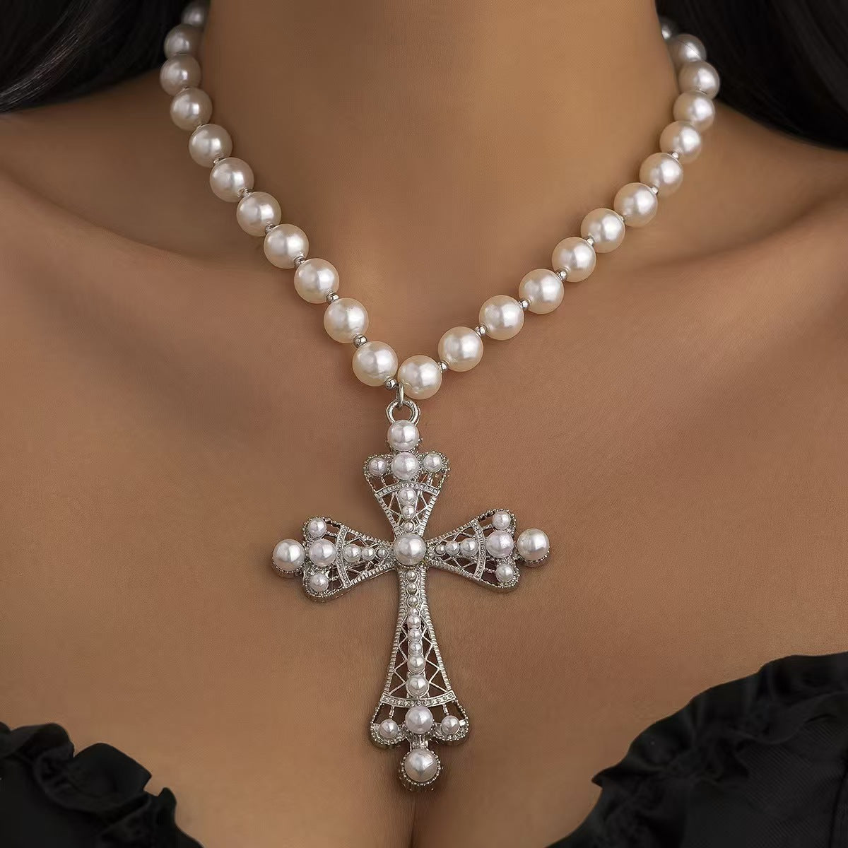 Wholesale Cross Pendant Pearl Necklace Dark Style Fashion Jewelry Accessory