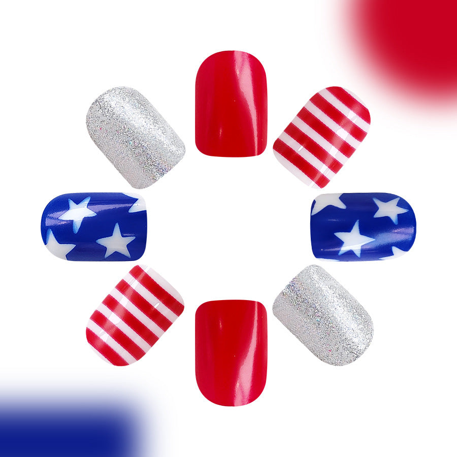 Wholesale 24 Pieces/box American Independence Day Glitter Powder Five-pointed Star Manicure Press-on Nails Kits Nail Stickers ACC-NS-GuaiXL033
