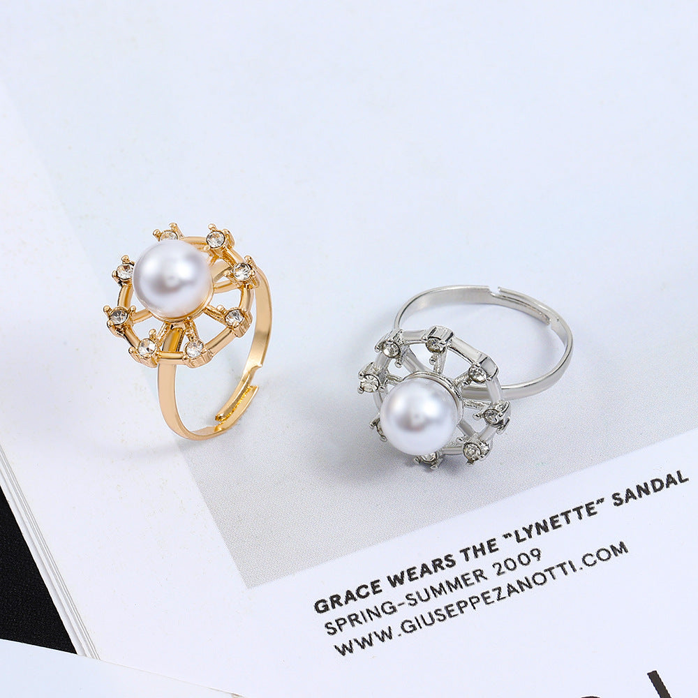 Wholesale  Pearl Ring diamond-embedded hollow flower index finger ring