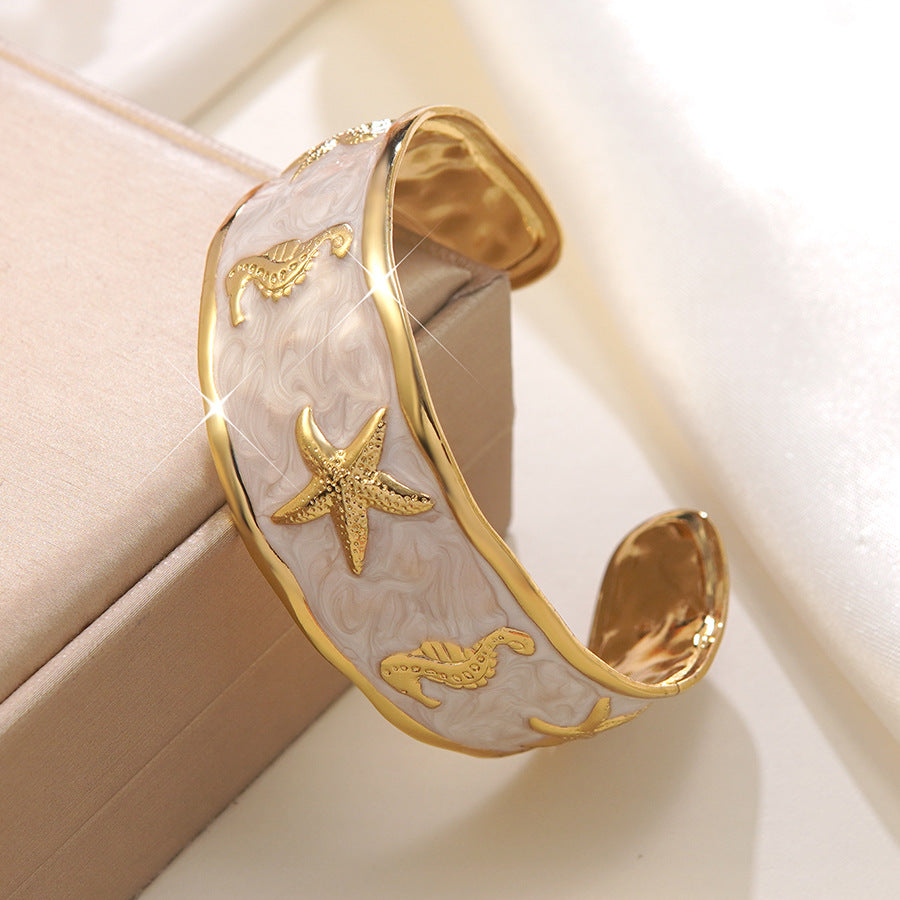 Wholesale Stainless Steel Drip Oil Open Bangle Bracelet with Seahorse Starfish Design - Casual Vacation Style Fashion Accessory for Gift and Boutique Resale