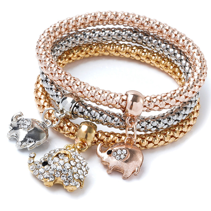 Wholesale Three Color Set Corn Chain Diamond Elephant Pendant Bracelet Layered Bracelet Set ACC-BT-Ditong002