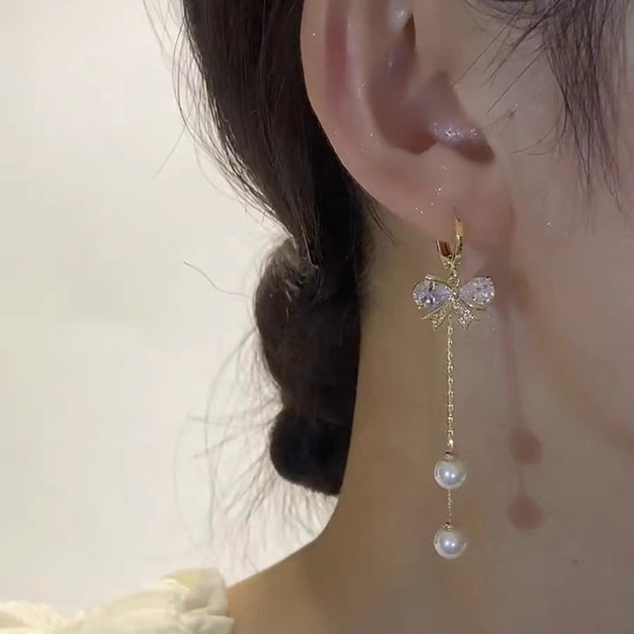 Wholesale Zircon bow tassel earrings