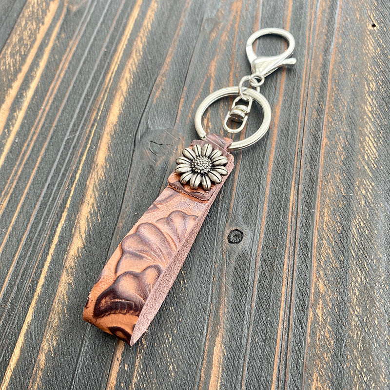 Wholesale Western Vintage Leather Keychain With Turquoise Accent Car Key Accessory And Gift