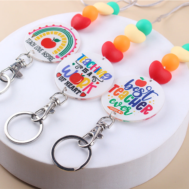 Wholesale Teacher Rainbow Necklace Pendant Cartoon Silicone Beaded Keychain Lanyard Keychain Teacher's Day Bulk Keychains ACC-KC-GuangTian043
