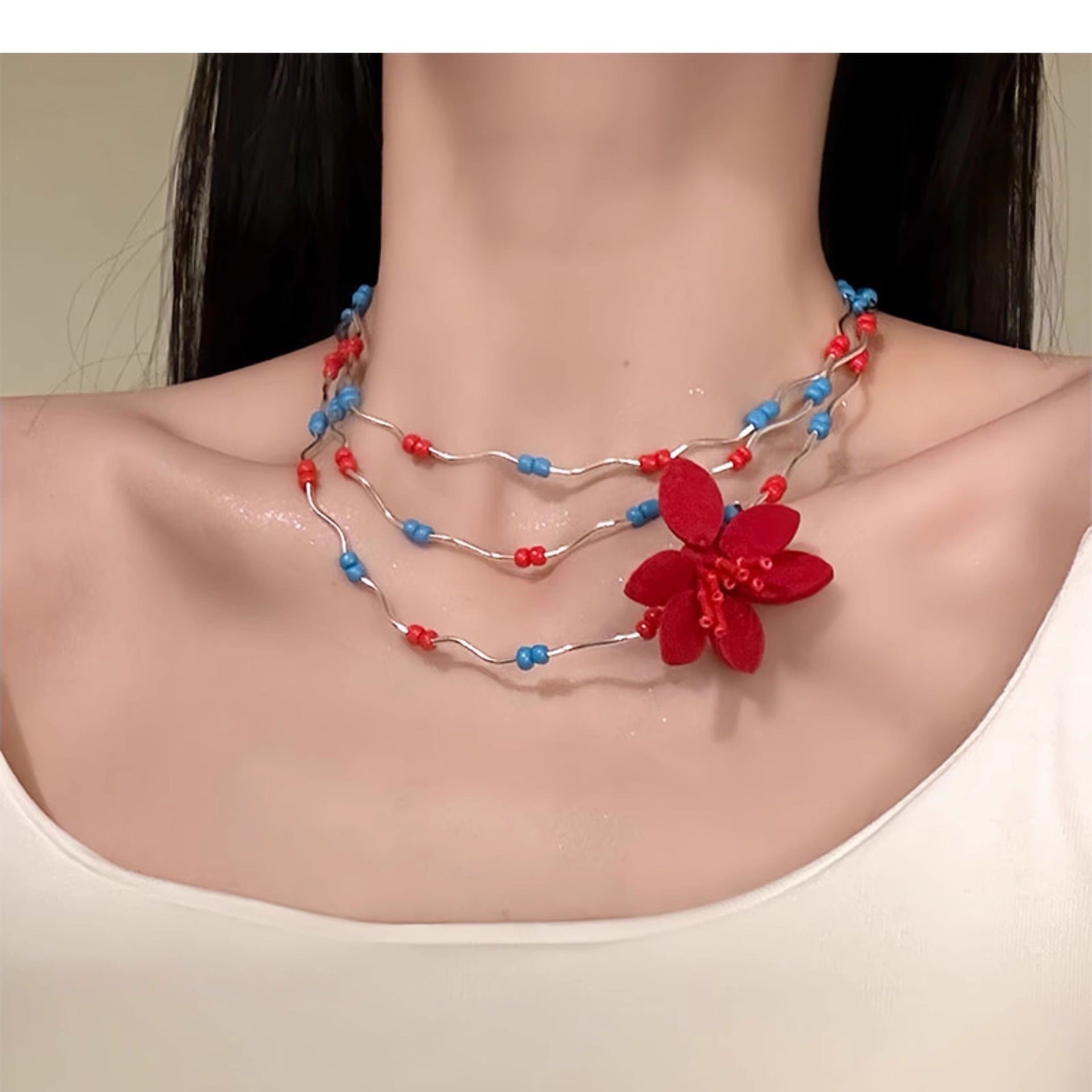 Wholesale Flower necklace red and blue beaded clavicle necklace