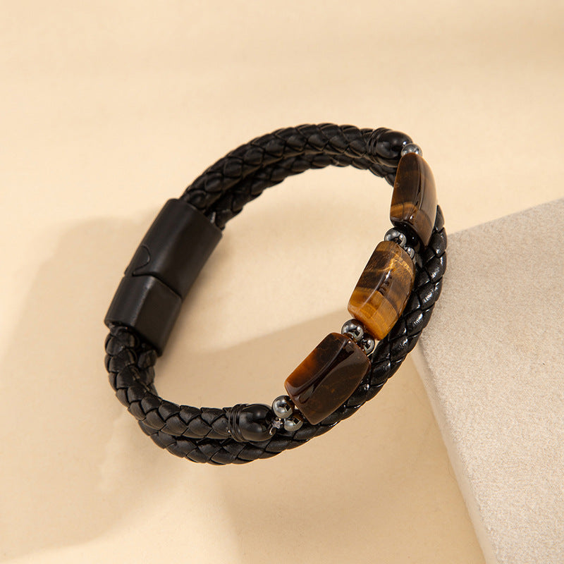 Wholesale Men S Multi Layer Leather Rope Bracelet With Tiger Eye Stone Beads And Magnetic Clasp Trendy Everyday Wear