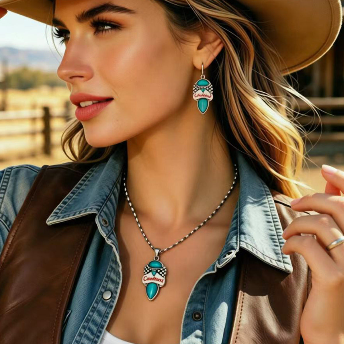 Wholesale Western Cowboy Bohemian Checkerboard Bull Head Jewelry Set Zinc Alloy With Turquoise Pendant Necklace Earrings Ring Trendy Gift