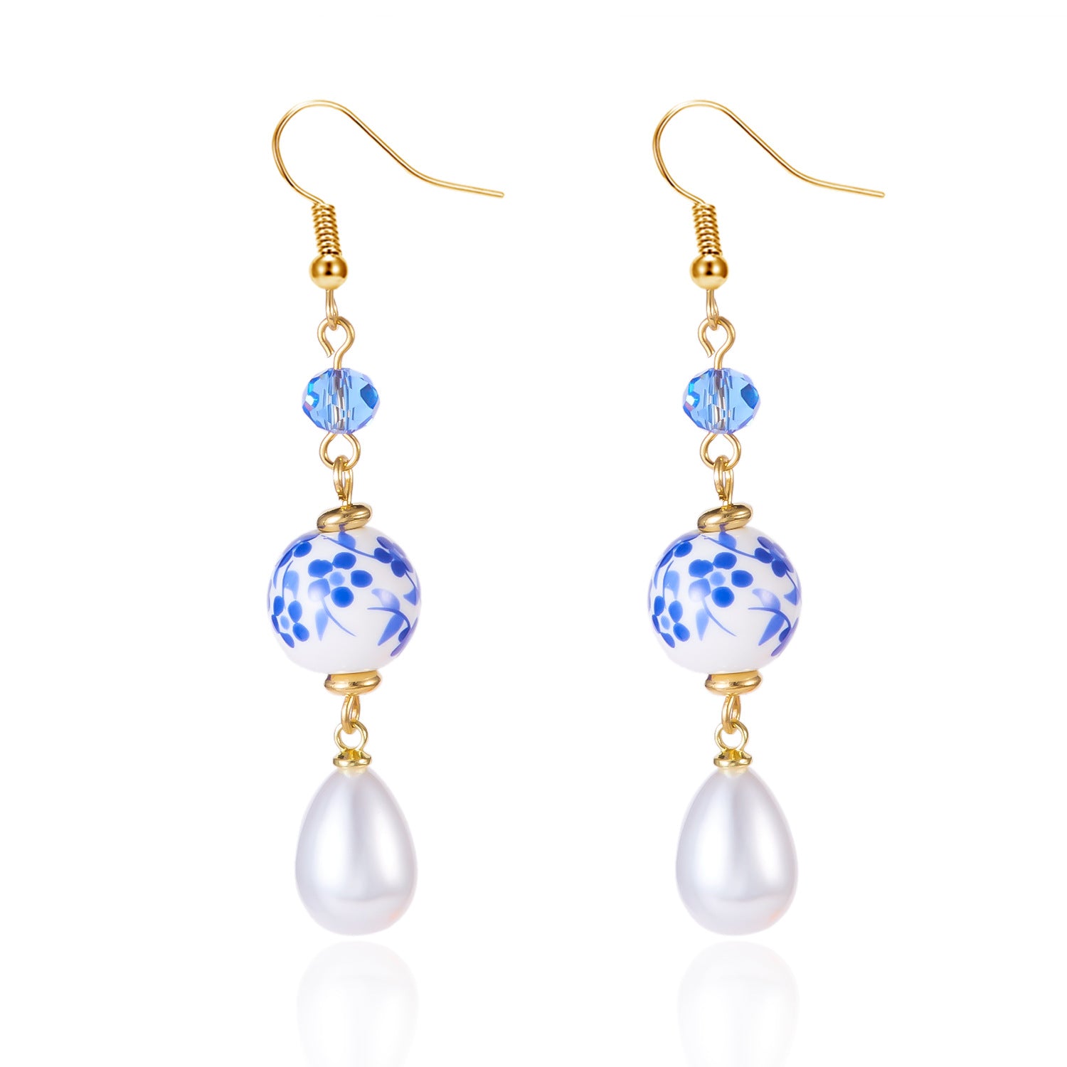 Wholesale Chinese style floral blue and white porcelain bow earrings