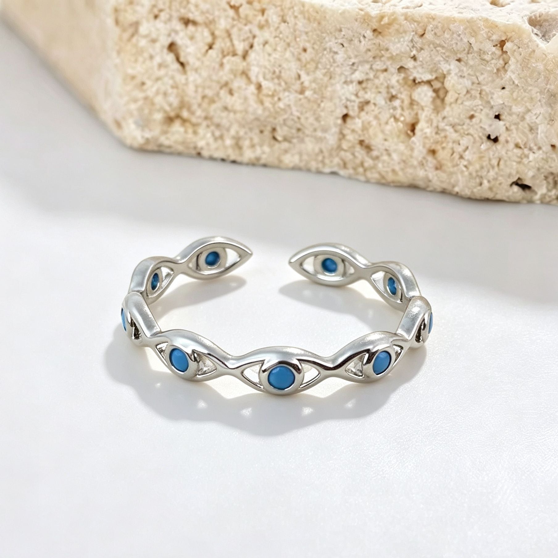 Wholesale Evil Eye Adjustable Open Ring Blue Gold Copper Zircon Stylish Party Jewelry Accessory
