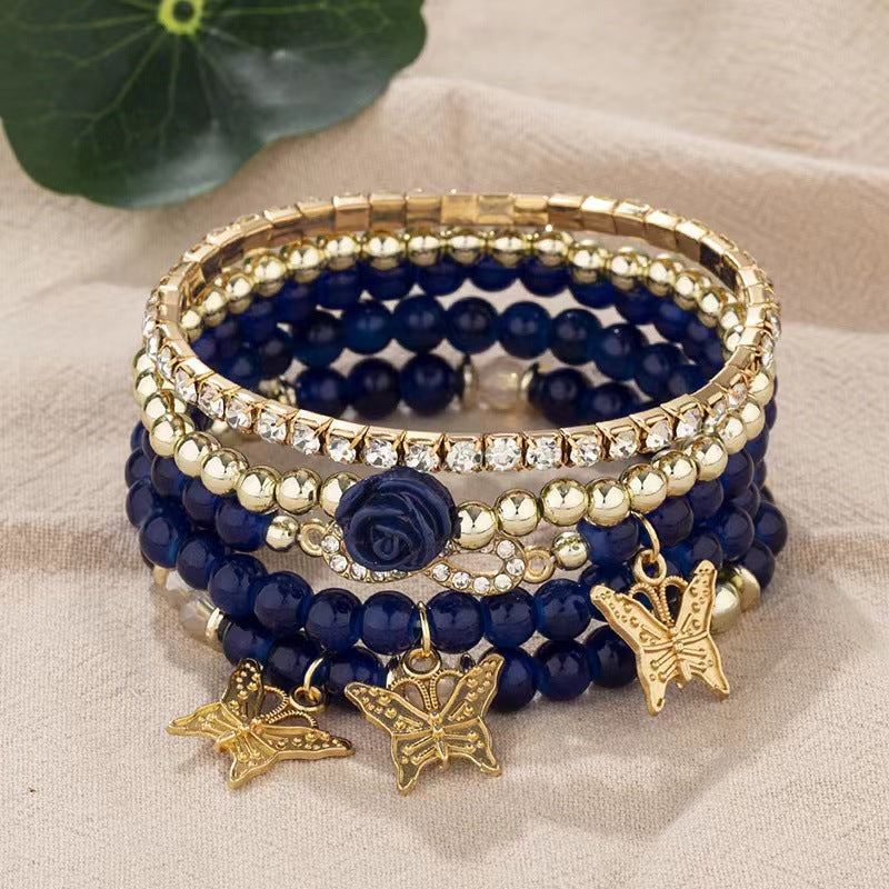 Wholesale Bohemian Multi-layer Rose Butterfly Diamond Elastic Beaded Bracelet ACC-BT-FengLi005