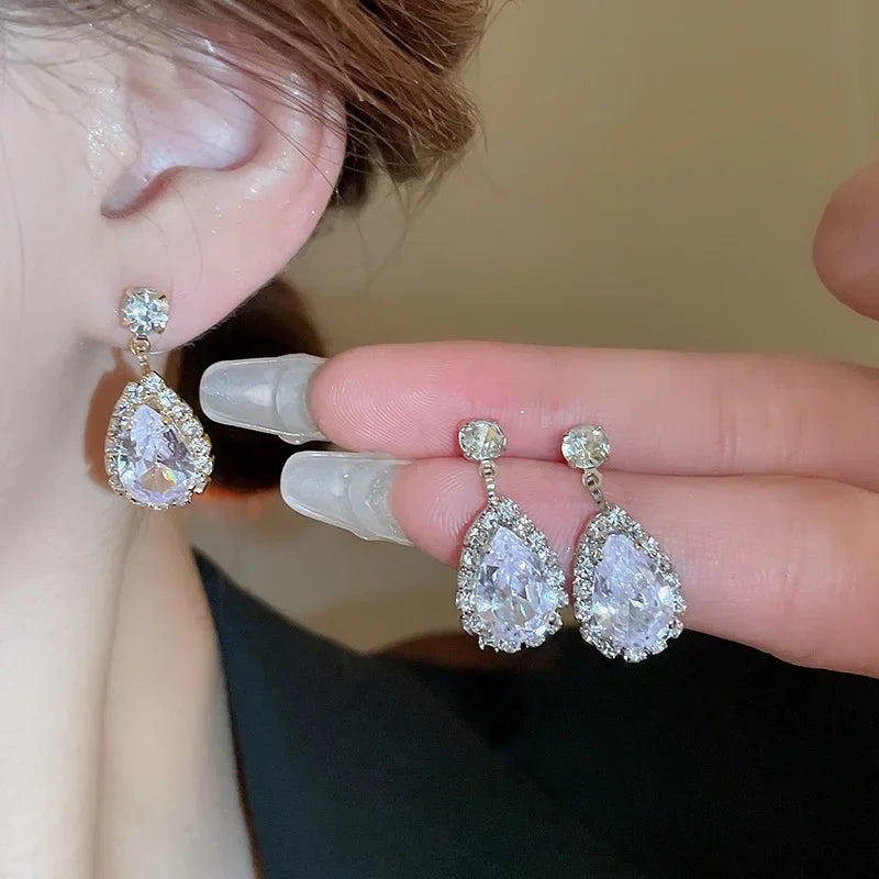 Wholesale  Light Luxury Water Drop Zircon Diamond Earrings Necklace