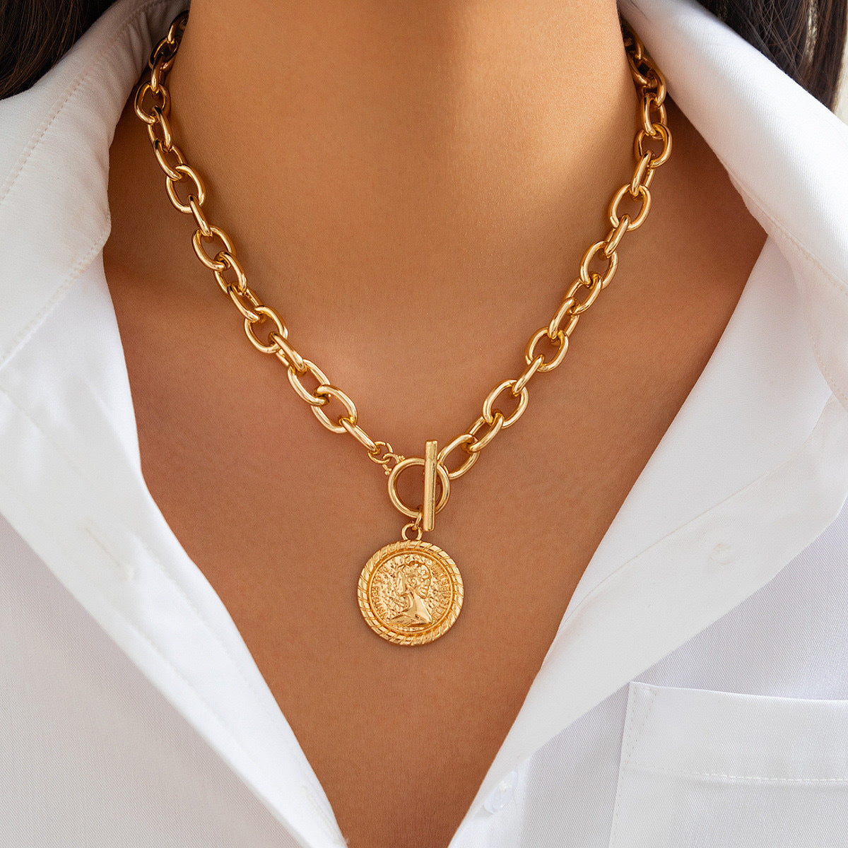 Wholesale Retro geometric portrait relief double-layer metal necklace