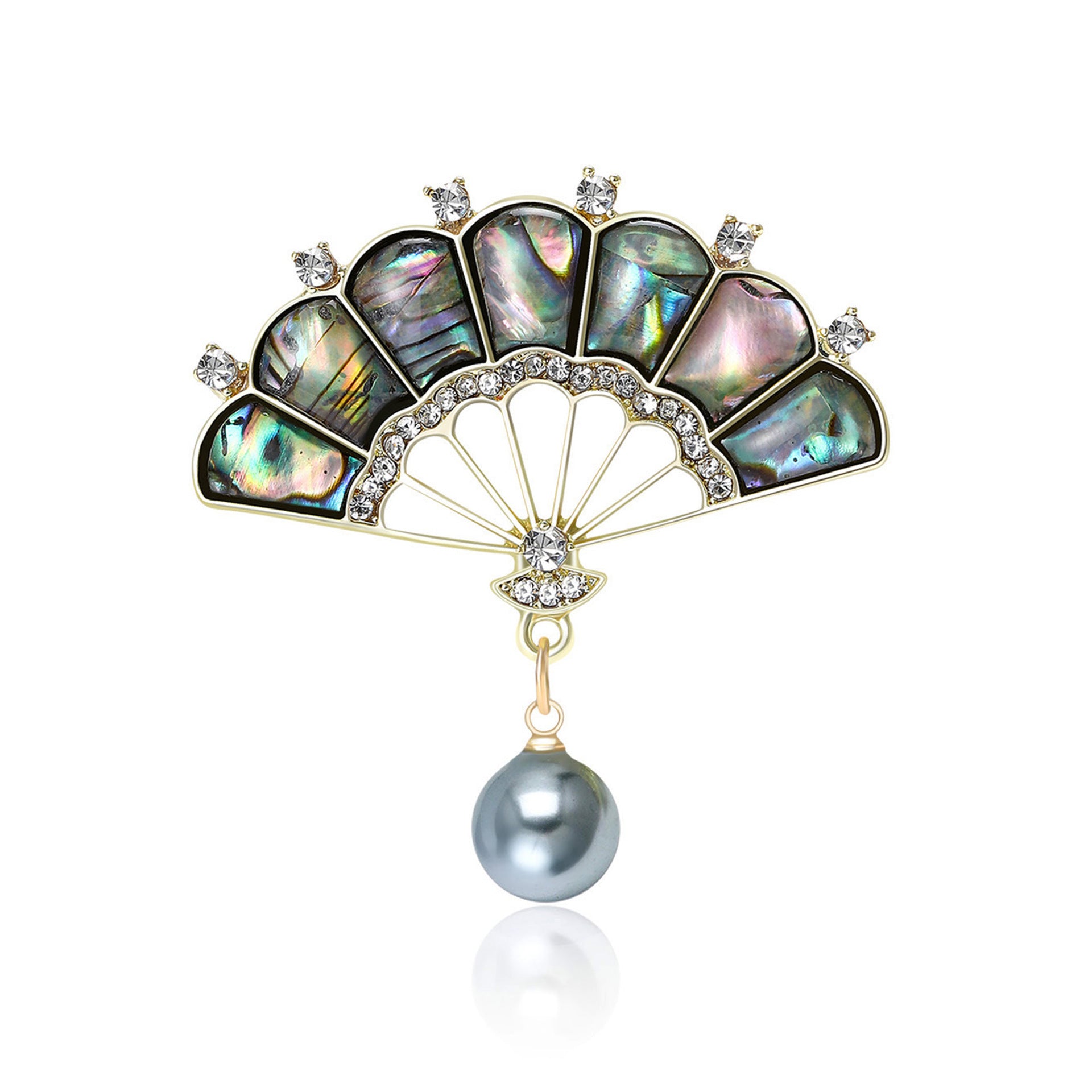 Wholesale Mother Of Pearl Abalone Shell Rhinestone Alloy Fan Brooch Classic Elegant Decorative Pin For Women Boutique Resale Gift