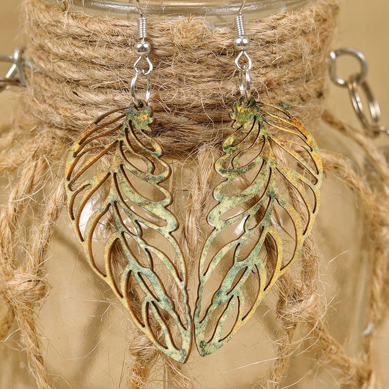 Wholesale  Retro Style Leaf Shape Hollow Tie-Dye  Multi-Color Combinable Women's Wooden Earrings