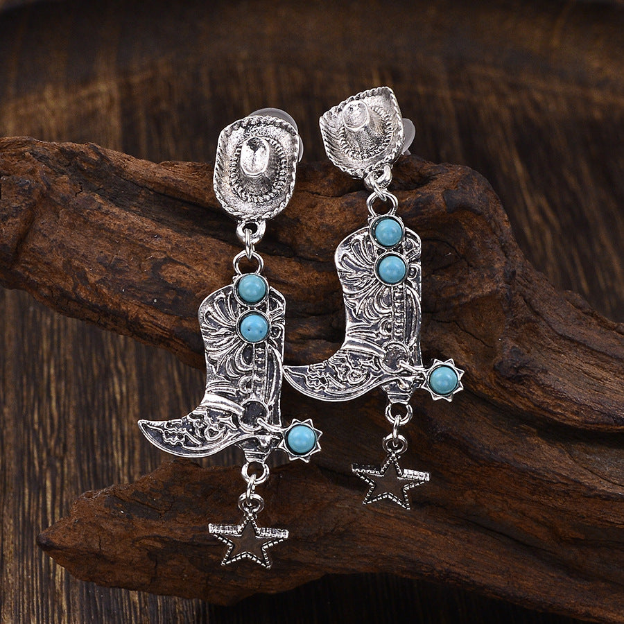 Wholesale Retro Western Cowboy Boots Hat Pendant Earrings Zinc Alloy Electroplated Fashion Jewelry Accessory