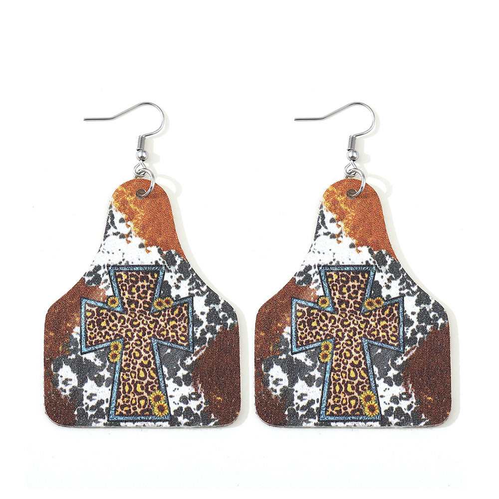 Wholesale Western Style Leopard Cow Pattern Sunflower Cross Leather Earrings ACC-ES-ChuLian138