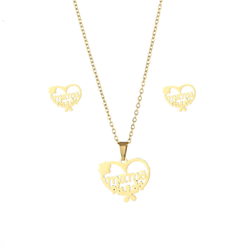 Wholesale MAMA Flower Stainless Steel Earrings Necklace Set Mother's Day Titanium Steel ACC-ES-MinM028