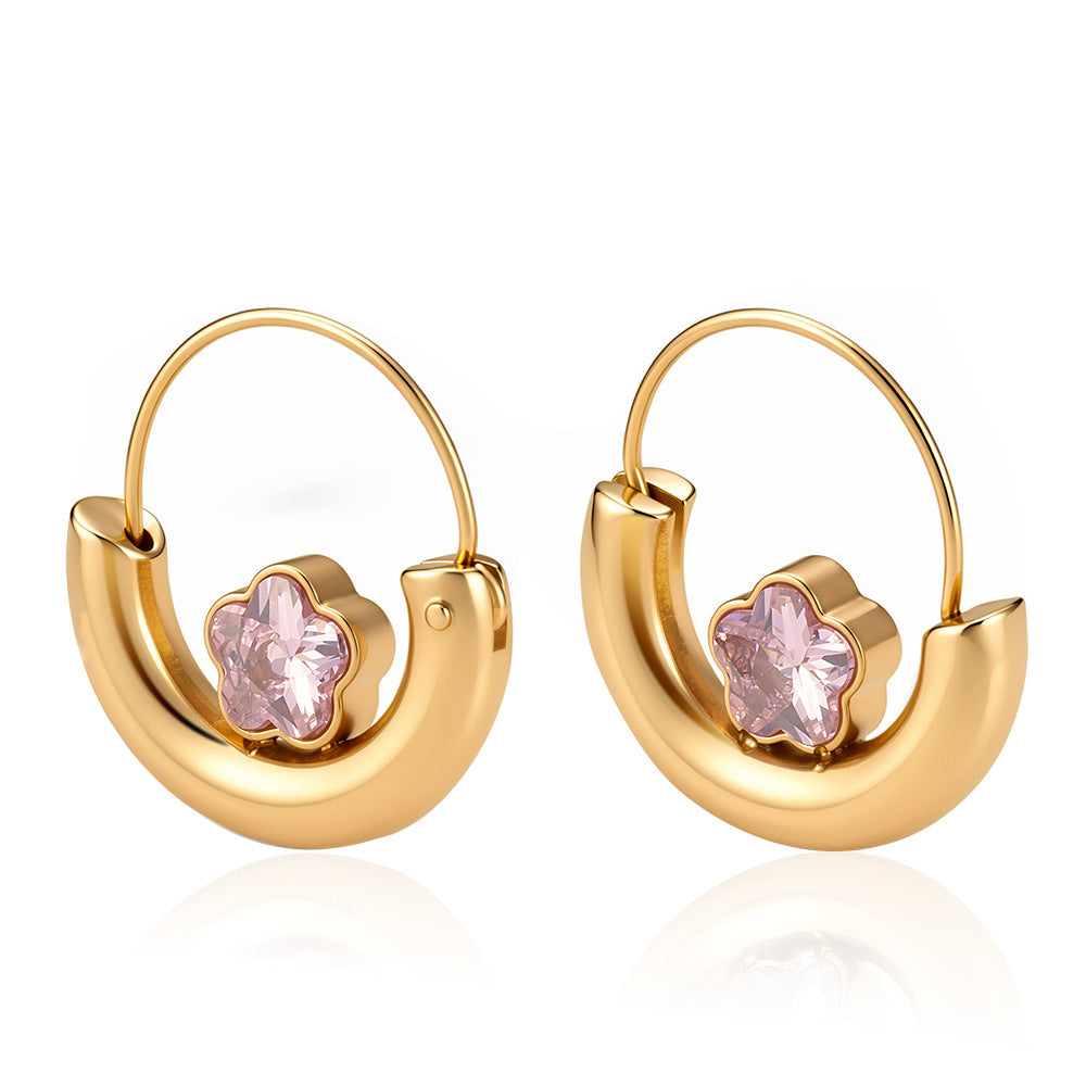 Wholesale Gold Plated Stainless Steel Artificial Zircon Geometric Round Flower Basket Earrings - Trendy Fashion Accessory