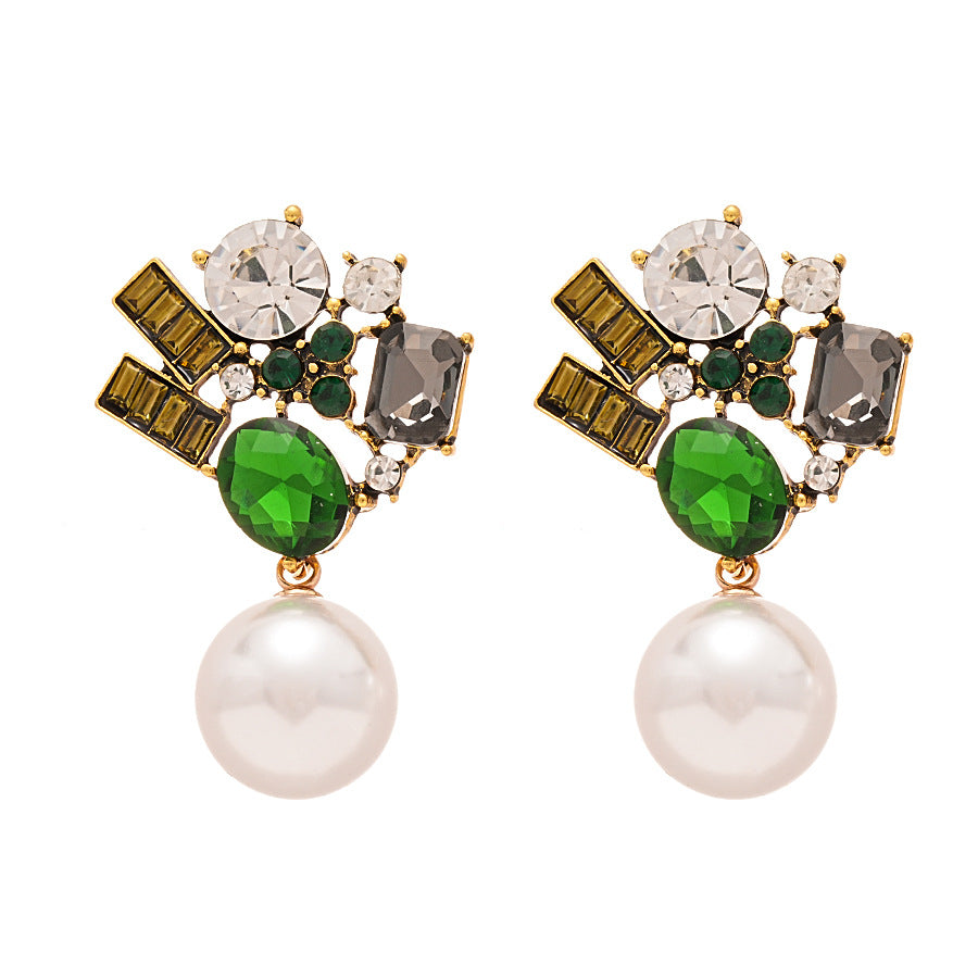 Wholesale Vintage Geometric Silver Needle Earrings with Diamond and Pearl