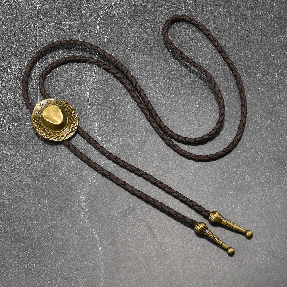 Wholesale Retro Cowboy Bolo Tie Necklace Leather Cord Antique Silver Pendant Men Women Couple Gift Fashion Accessory Resale