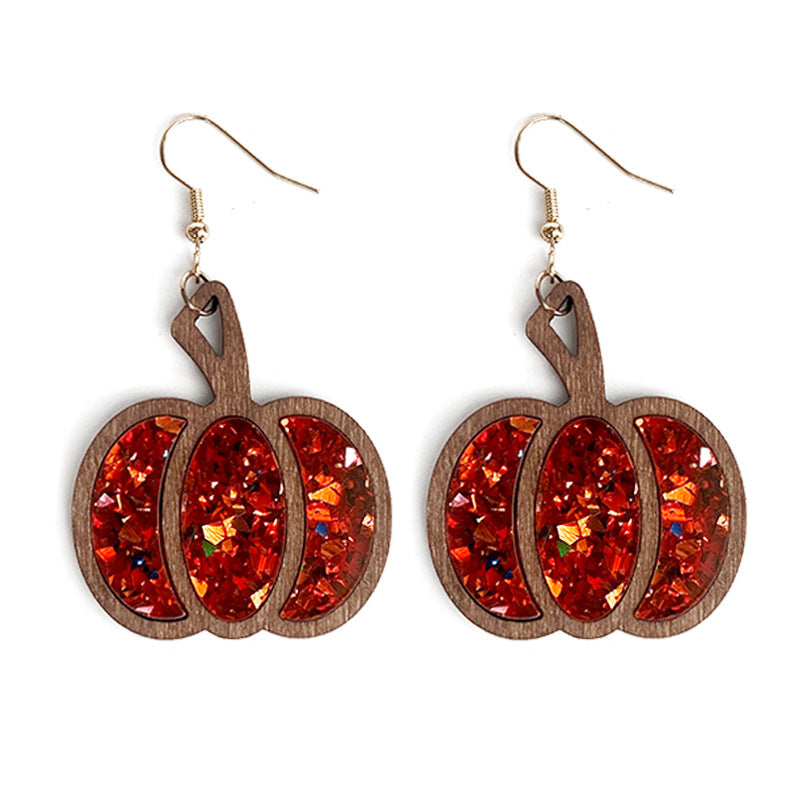 Wholesale Halloween Pumpkin Wood Inlay Acrylic Hollow Earrings ACC-ES-XinChuan053