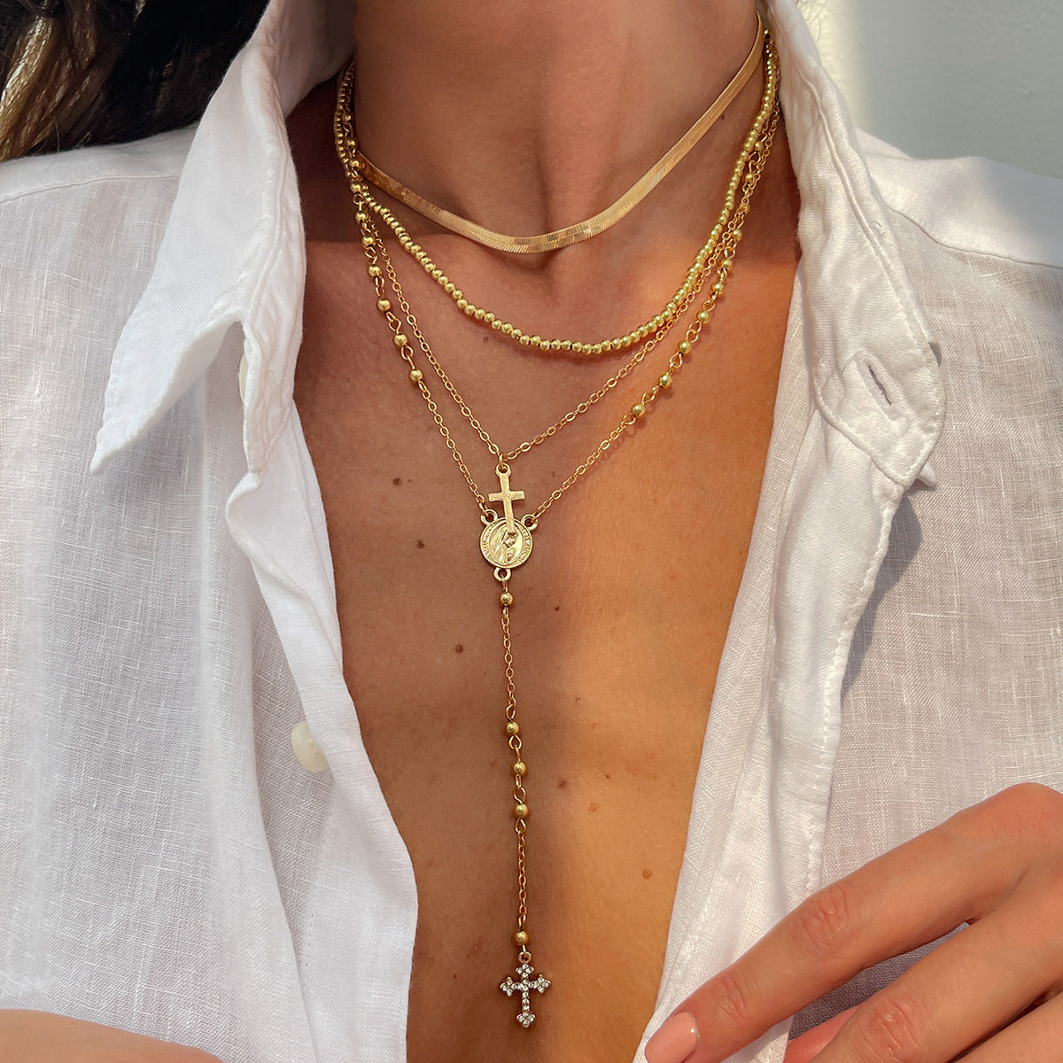Wholesale Crystal Necklace Set with Diamond-Accented Cross and Small Flower Pendants