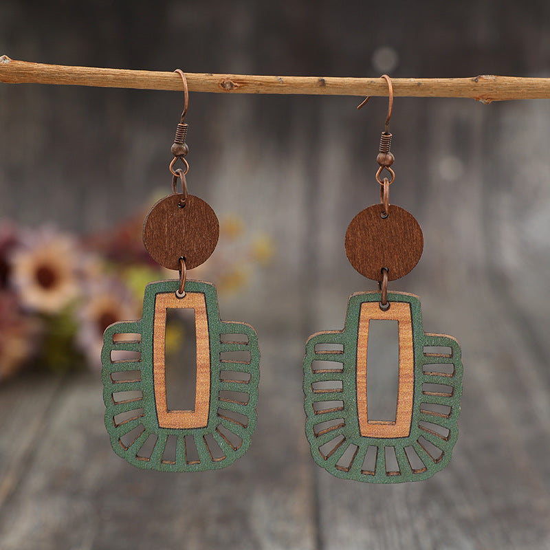 Wholesale Retro Geometric Wooden Earrings For Women Green Hollow Design Fashion Jewelry Accessory Gift