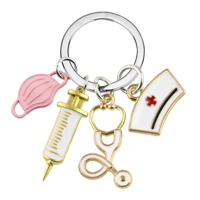 Wholesale Metal Nurse Medical Keychain Pink Stethoscope Cross Design Gift Bag Charm Decorative Accessory