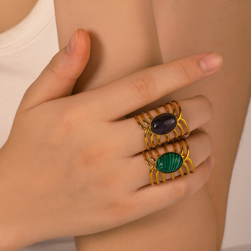 Wholesale Stainless Steel Inlaid Natural Stone Open Adjustable Rings ACC-RS-XinY010