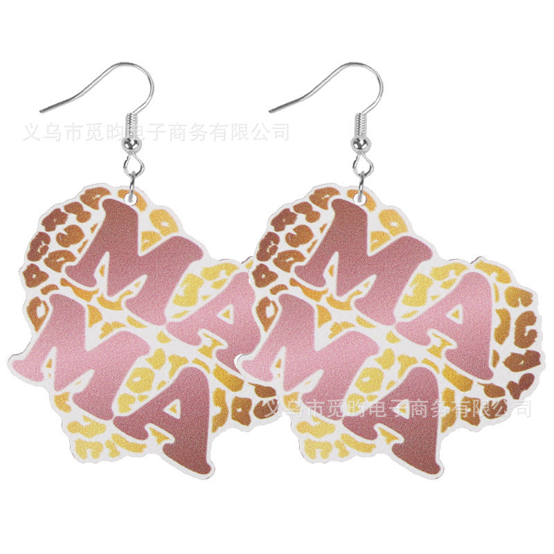 Wholesale Mother's Day Love Leopard Print MAMA Rose Flower Wooden Earrings ACC-ES-Mijun008