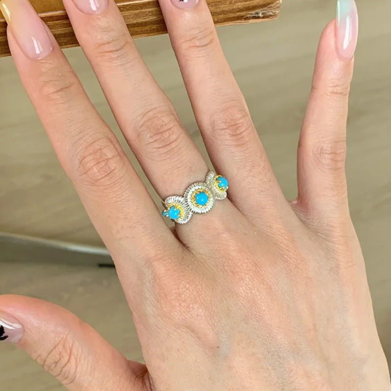 Wholesale  Turquoise Brushed Ring,  Exquisite Retro High-End Stacking Niche Ring
