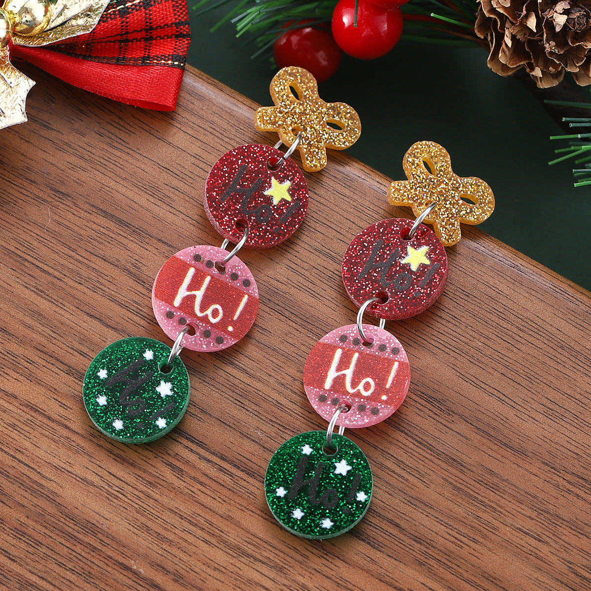 Wholesale Christmas star bow round sequin acrylic pendant earrings geometric four-piece ing earrings