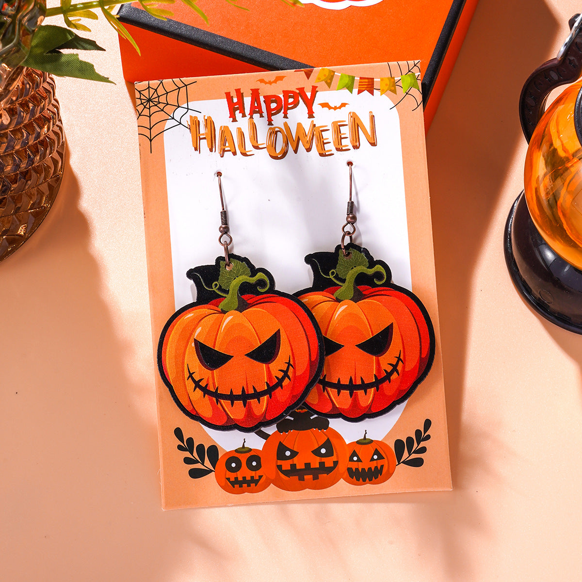 Wholesale Halloween Cartoon Wood Pumpkin Spider Kitten Earrings ACC-ES-Ditong004