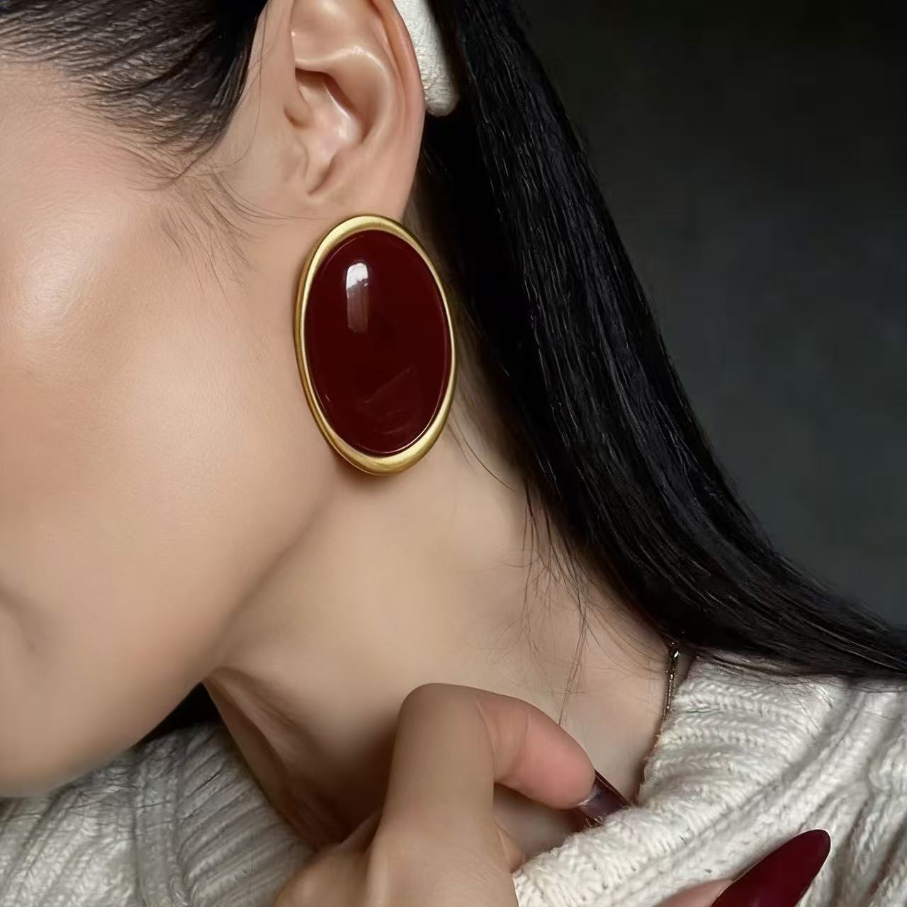 Wholesale Retro Oval Resin Earrings Crimson Agate Effect Party Fashion Accessory