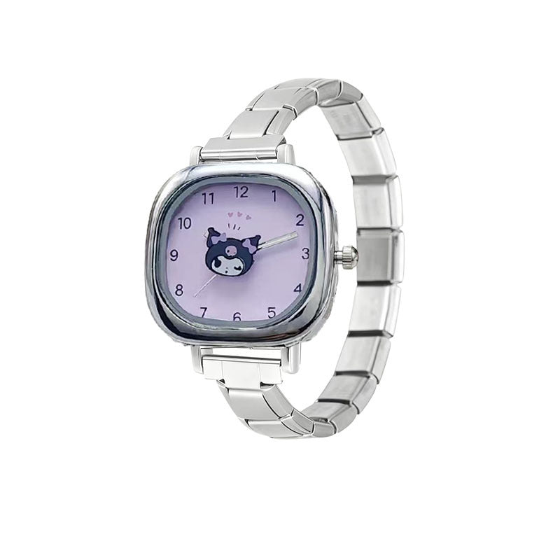 Wholesale Waterproof Square Quartz Watch with Stainless Steel Band and Cartoon Cat Design,  Everyday Fashion Accessory for Students